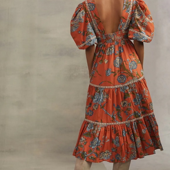 Anthropologie Love the Label Puffed Sleeves Orange Floral Tiered MIDI Dr… - Picture 13 of 13